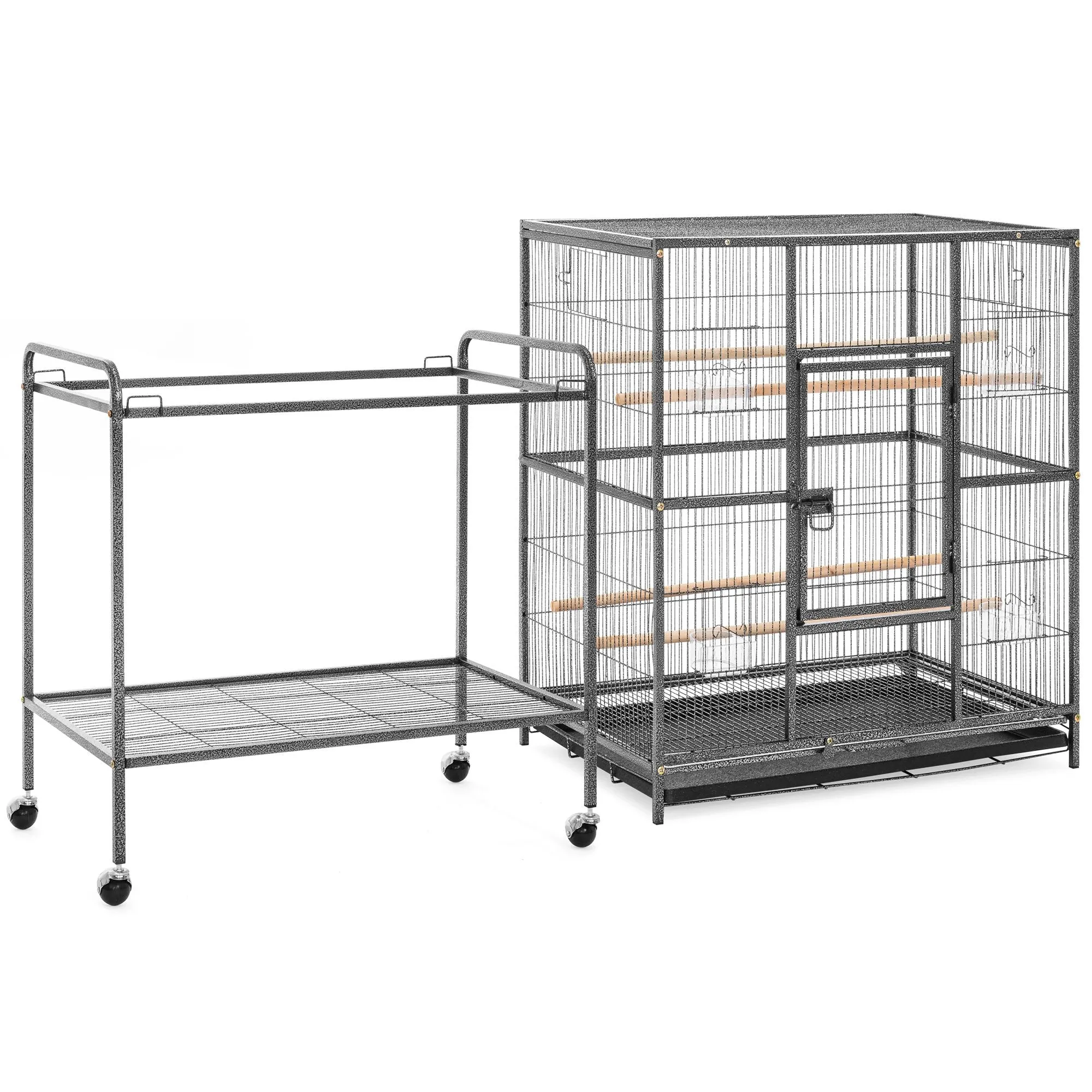 53in Iron Bird Cage w/ Wheels, Feeding Doors - Black