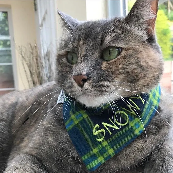 Blue & Green Plaid Flannel Custom Dog Bandanas with Name Embroidered