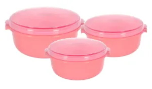 Heart Home 3 Piece Multiuses Plastic Serving/Mixing Bowls, Food Storage Containers Set With Lid, (3200ml, 1800ml, 1000ml) (Pink)-46HH0319