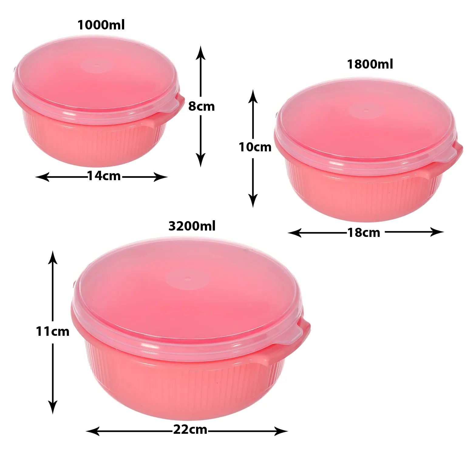 Heart Home 3 Piece Multiuses Plastic Serving/Mixing Bowls, Food Storage Containers Set With Lid, (3200ml, 1800ml, 1000ml) (Pink)-46HH0319