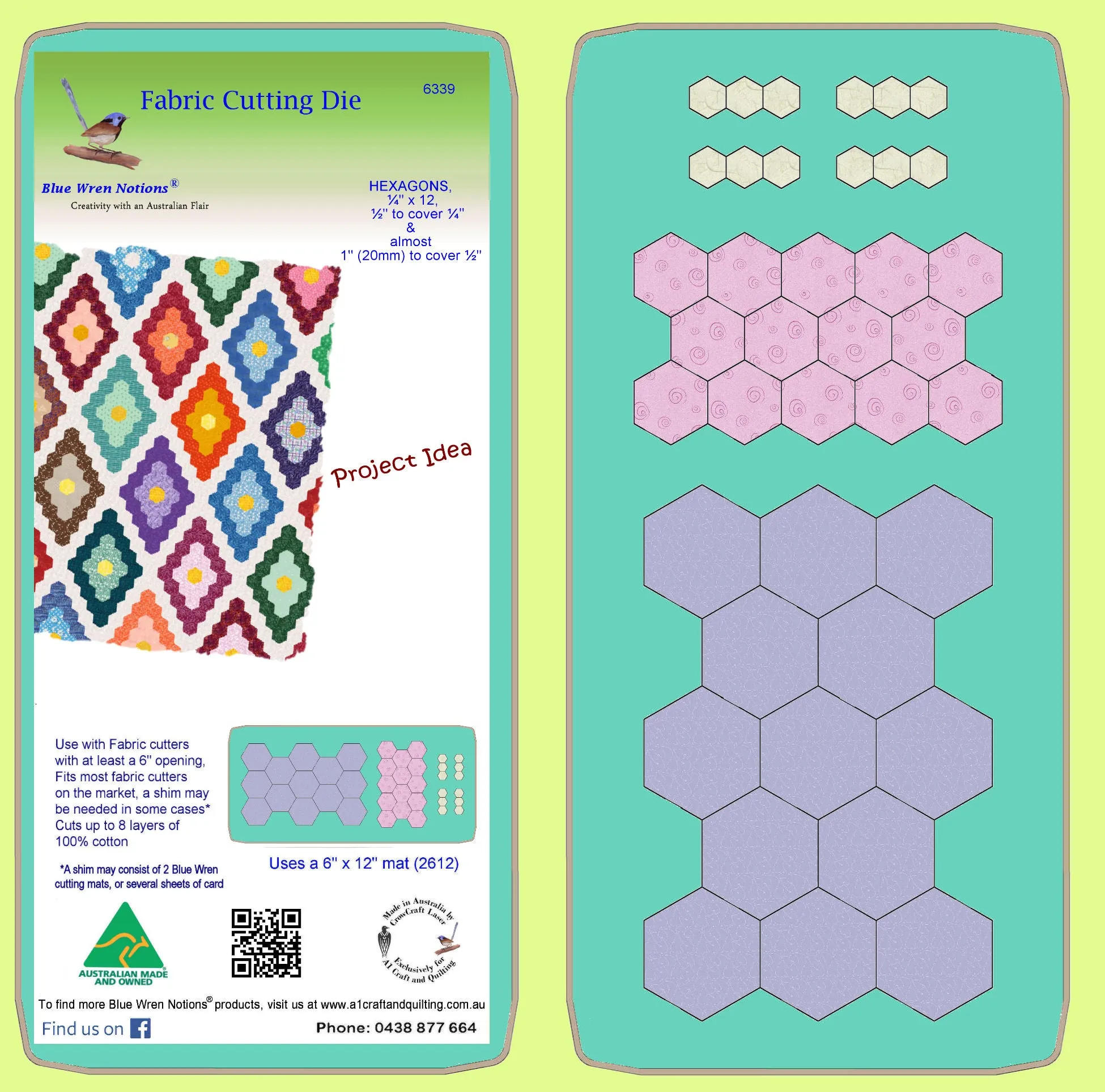 Hexagons Multi   ¼" x 12, ½" to cover ¼" and 1" to cover ½" - - 6339 - includes cutting mat