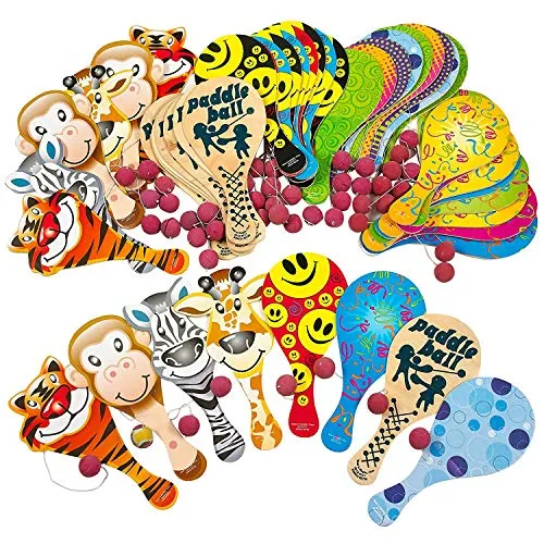 Kicko 9 Inches Paddle Ball Assortment, 50 Pack - Party Favors - Prizes for Children Games