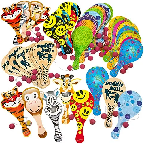 Kicko 9 Inches Paddle Ball Assortment, 50 Pack - Party Favors - Prizes for Children Games