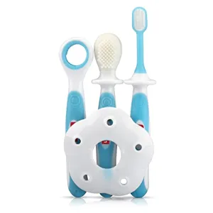 Luv Lap Baby Training Manual Toothbrush Set for Kids with Anti Choking Shield, Teeth Tongue Cleaner, Baby Oral Hygiene, 3 pcs, (White/Blue)