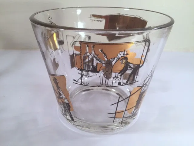 Mid-Century 22-Karat Gold and Black Mad Men Advertising Glass Ice Bucket with Carrier