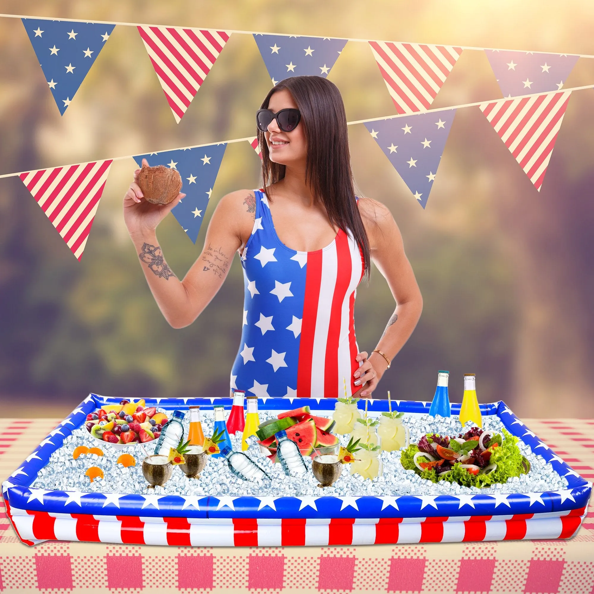 Outdoor Inflatable Buffet Cooler Server - Patriotic Red White and Blue Blow Up Cooling Tub For Serving Buffet Style Picnic