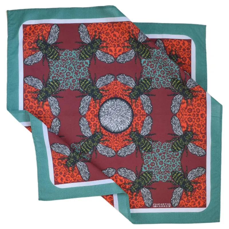 Red and Teal Honeybee Bandana - 100% Cotton Hand Printed