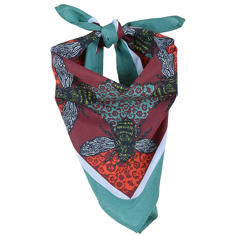 Red and Teal Honeybee Bandana - 100% Cotton Hand Printed