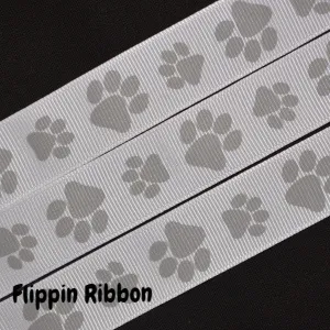 Silver Paw Print Ribbon - 7/8 inch Printed Grosgrain